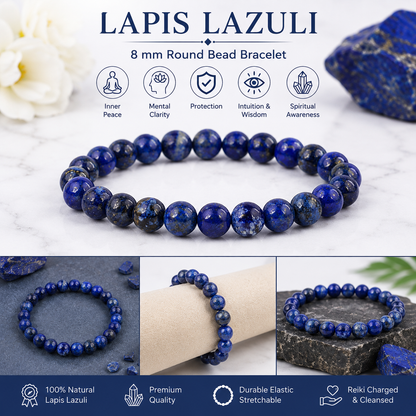 Natural Lapis Lazuli 8 mm Round Bead Bracelet for Wisdom, Communication, Confidence & Mental Clarity