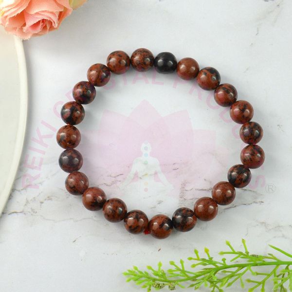 Natural Mahogany Obsidian 8 mm Round Bead Bracelet for Protection, Strength, Grounding & Positive Energy