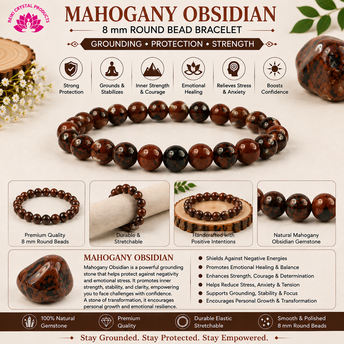 Natural Mahogany Obsidian 8 mm Round Bead Bracelet for Protection, Strength, Grounding & Positive Energy  Reiki Charged Gemstone Bracelet for Men & Women
