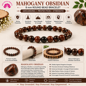 Natural Mahogany Obsidian 8 mm Round Bead Bracelet for Protection, Strength, Grounding & Positive Energy  Reiki Charged Gemstone Bracelet for Men & Women
