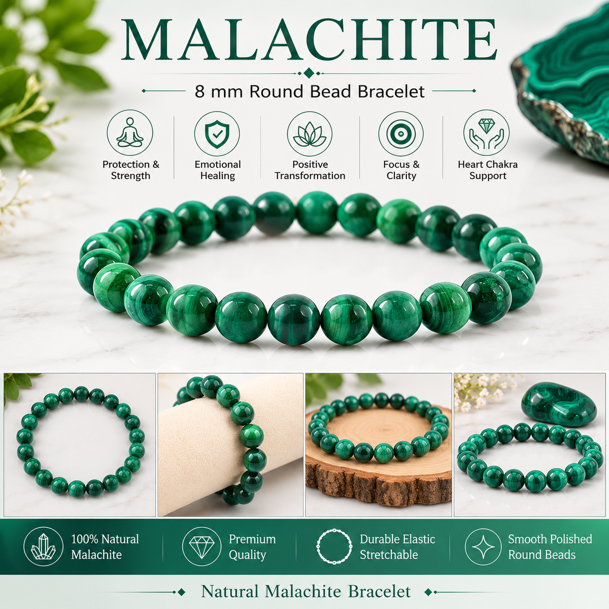 Natural Malachite 8 mm Round Bead Bracelet for Transformation, Emotional Balance, Confidence & Positive Energy | Crystal Bracelet for Men & Women