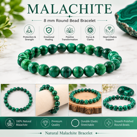 Natural Malachite 8 mm Round Bead Bracelet for Transformation, Emotional Balance, Confidence & Positive Energy | Crystal Bracelet for Men & Women