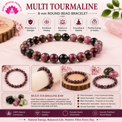 Natural Multi Tourmaline 8 mm Round Bead Bracelet for Protection, Emotional Balance, Positivity & Spiritual Growth | Reiki Charged Gemstone Bracelet for Men & Women