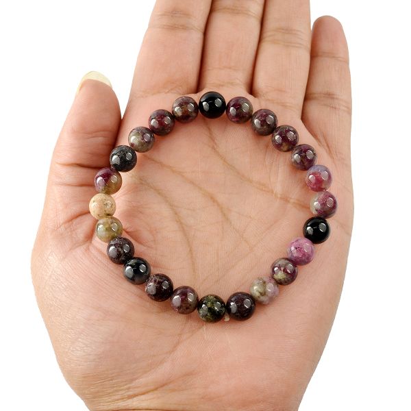 Natural Multi Tourmaline 8mm Round Bead Bracelet for Protection, Emotional Balance, Positivity & Spiritual Growth | Reiki Charged Gemstone Bracelet for Men & Women