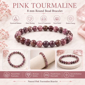 Natural Pink Tourmaline 8 mm Round Bead Bracelet for Love, Emotional Balance, Confidence & Positive Energy  Crystal Bracelet for Men & Women
