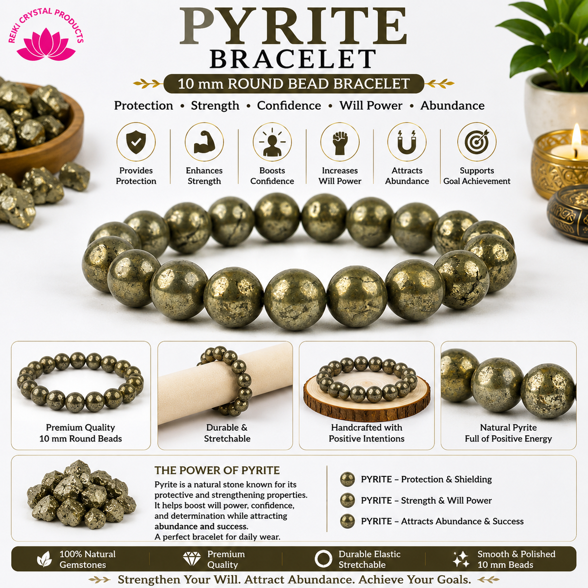 Natural Pyrite 10 mm Round Bead Bracelet for Wealth, Prosperity, Confidence, Success & Positive Energy  Crystal Bracelet for Men & Women