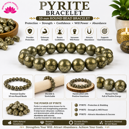 Natural Pyrite 10 mm Round Bead Bracelet for Wealth, Prosperity, Confidence, Success & Positive Energy  Crystal Bracelet for Men & Women