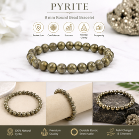 Natural Pyrite 8 mm Round Bead Bracelet for Wealth, Prosperity, Confidence, Success & Positive Energy