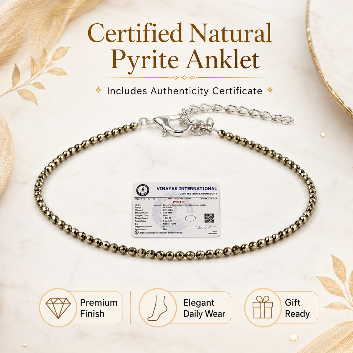 Natural Pyrite Anklet for Women & Girls – Crystal Anklet for Wealth, Prosperity, Money Attraction, Confidence