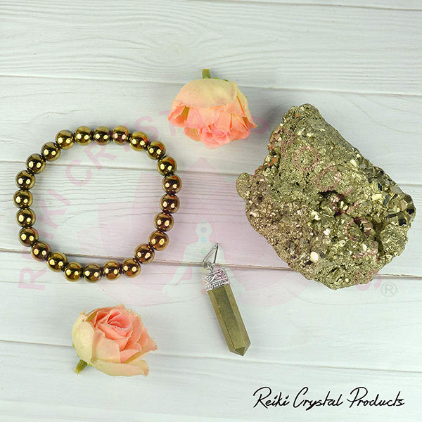 Natural Pyrite Combo Set with Golden Pyrite Bracelet, Pendant & Raw Pyrite Cluster 150–175 Gram for Wealth, Prosperity