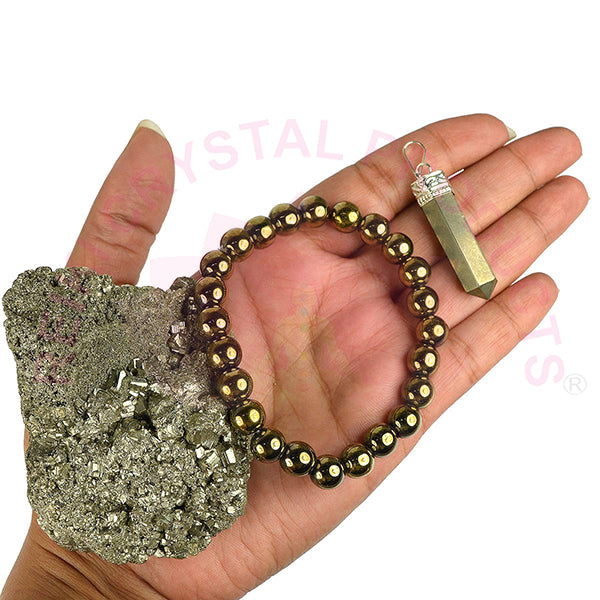 Natural Pyrite Combo Set with Golden Pyrite Bracelet, Pendant & Raw Pyrite Cluster 150–175 Gram for Wealth, Prosperity, Confidence