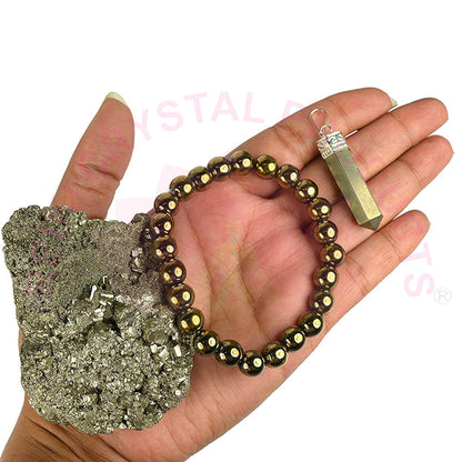 Natural Pyrite Combo Set with Golden Pyrite Bracelet, Pendant & Raw Pyrite Cluster 150–175 Gram for Wealth, Prosperity, Confidence