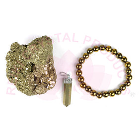 Natural Pyrite Combo Set with Golden Pyrite Bracelet, Pendant & Raw Pyrite Cluster 150–175 Gram for Wealth, Prosperity, Confidence & Positive Energy