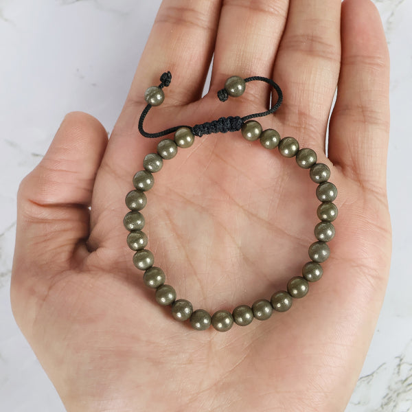 Natural Pyrite Macrame Nylon Cord Adjustable Wristband with Single Line 6 mm Beads for Wealth, Prosperity, Confidence & Success