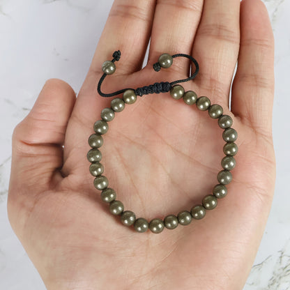 Natural Pyrite Macrame Nylon Cord Adjustable Wristband with Single Line 6 mm Beads for Wealth, Prosperity, Confidence & Success