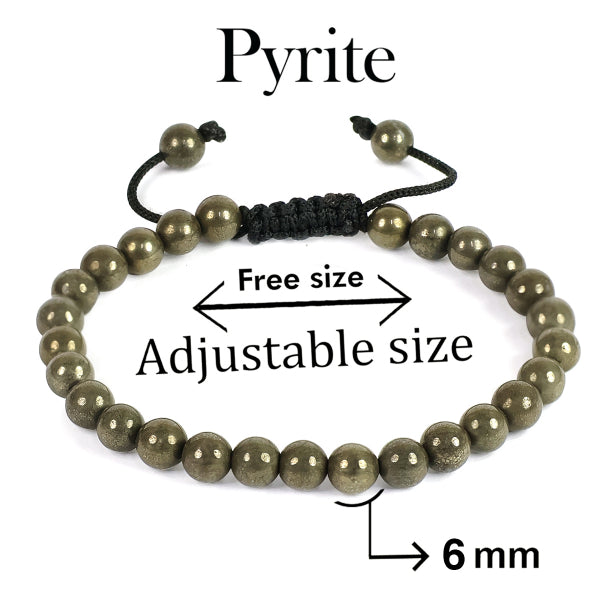 Natural Pyrite Macrame Nylon Cord Adjustable Wristband with Single Line 6 mm Beads for Wealth, Prosperity, Confidence & Success | Reiki Charged Gemstone Bracelet