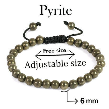 Natural Pyrite Macrame Nylon Cord Adjustable Wristband with Single Line 6 mm Beads for Wealth, Prosperity, Confidence & Success | Reiki Charged Gemstone Bracelet