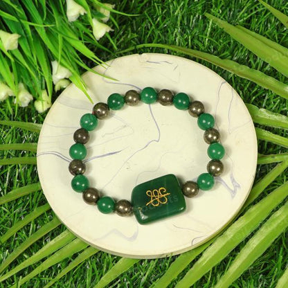 Natural Pyrite with Green Aventurine Bracelet with Zibu Coin 8mm Round Bead Bracelet for Wealth, Prosperity, Good Luck & Success
