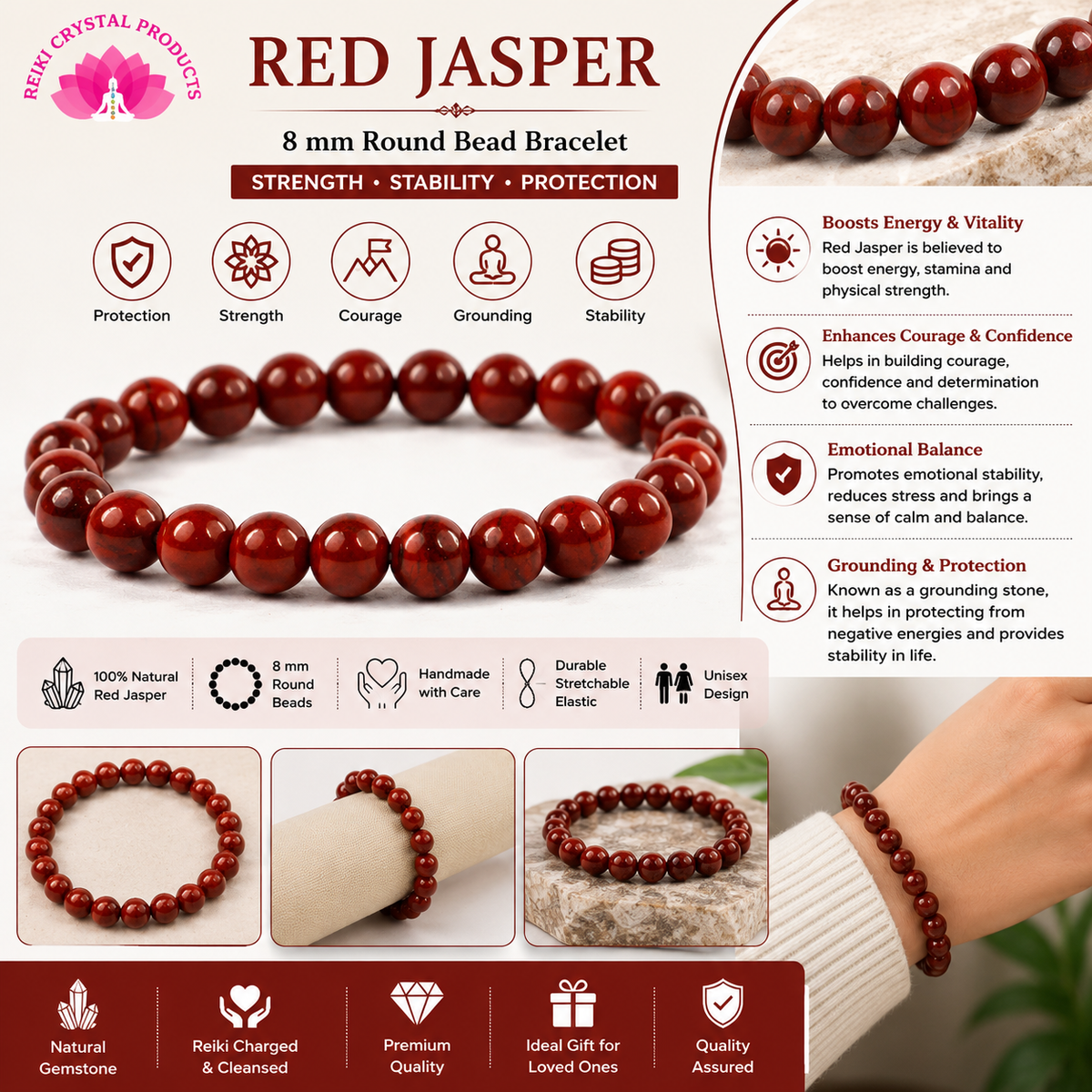 Natural Red Jasper 8 mm Bead Bracelet – Strength, Balance & Protection Stone