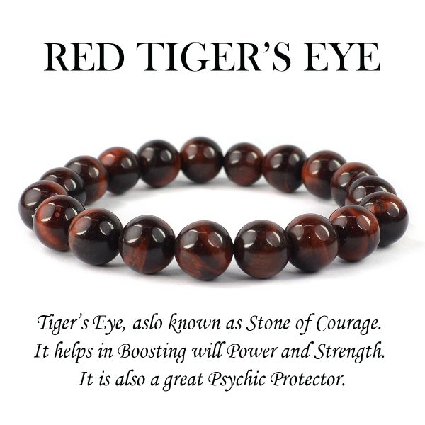 Natural Red Tiger Eye 10 mm Round Bead Bracelet for Confidence, Courage, Protection & Motivation
