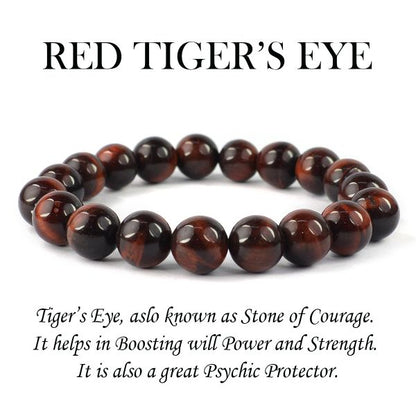 Natural Red Tiger Eye 10 mm Round Bead Bracelet for Confidence, Courage, Protection & Motivation