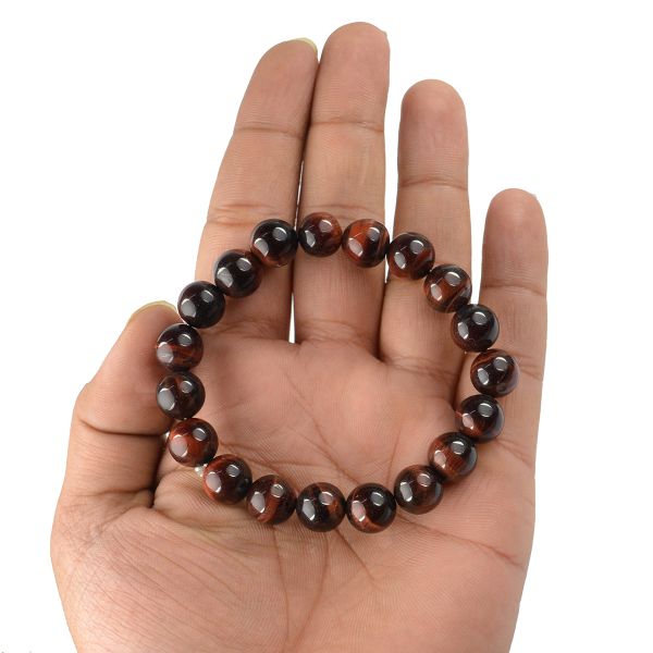 Natural Red Tiger Eye 10mm Round Bead Bracelet for Confidence, Courage, Protection & Motivation | Reiki Charged Gemstone Bracelet for Men & Women