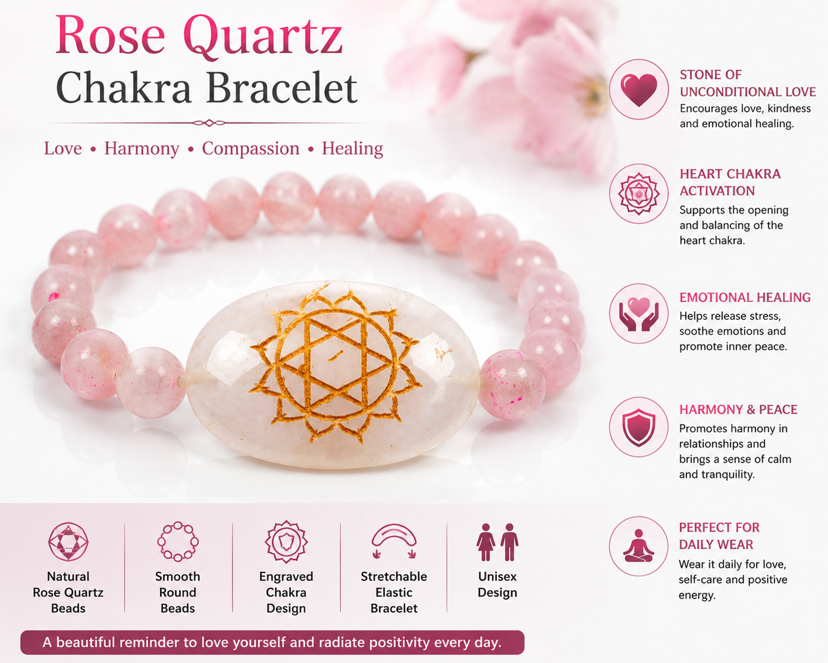 Natural Rose Quartz Chakra 8 mm Round Bead Bracelet for Love, Emotional Balance, Harmony & Heart Chakra