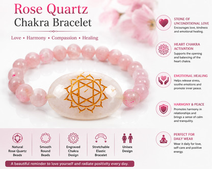 Natural Rose Quartz Chakra 8 mm Round Bead Bracelet for Love, Emotional Balance, Harmony & Heart Chakra