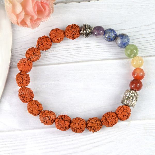 Natural Rudraksha with 7 Chakra Buddha Head Bracelet for Peace, Protection, Chakra Balancing & Positive Energy