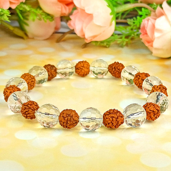 Natural Rudraksha with Clear Quartz (Sphatik) 10 mm Faceted Bracelet for Peace, Protection, Spiritual Growth & Positive Energy | Reiki Charged Gemstone Bracelet for Men & Women
