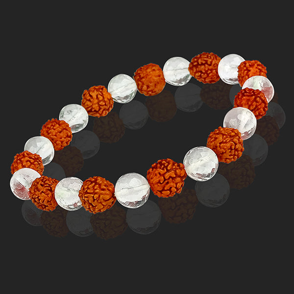 Natural Rudraksha with Clear Quartz (Sphatik) 8 mm Faceted Bead Bracelet for Peace, Protection, Spiritual Growth & Positive Energy