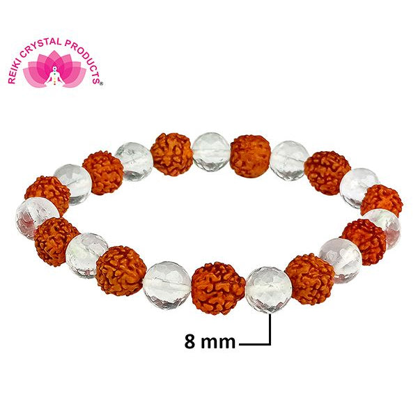 Natural Rudraksha with Clear Quartz (Sphatik) 8 mm Faceted Bead Bracelet for Peace, Protection, Spiritual Growth & Positive Energy | Reiki Charged Gemstone Bracelet for Men & Women