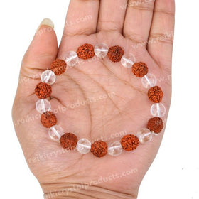 Natural Rudraksha with Clear Quartz (Sphatik) 8mm Round Bead Bracelet for Peace, Protection, Spiritual Growth & Positive Energy  Reiki Charged Gemstone Bracelet for Men & Women