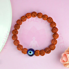 Natural Rudraksha with Evil Eye 8 mm Bead Bracelet for Protection, Peace, Spiritual Growth & Positive Energy