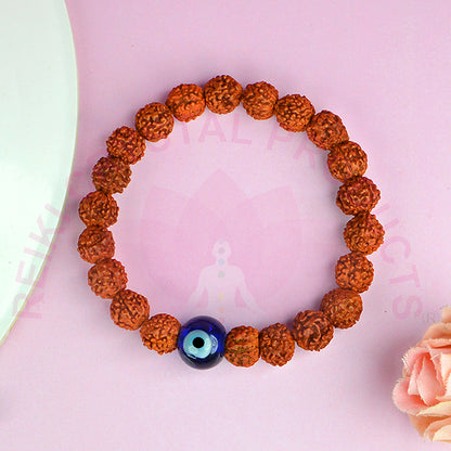 Natural Rudraksha with Evil Eye 8 mm Bead Bracelet for Protection, Peace, Spiritual Growth & Positive Energy