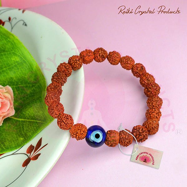 Natural Rudraksha with Evil Eye 8mm Bead Bracelet for Protection, Peace, Spiritual Growth & Positive Energy