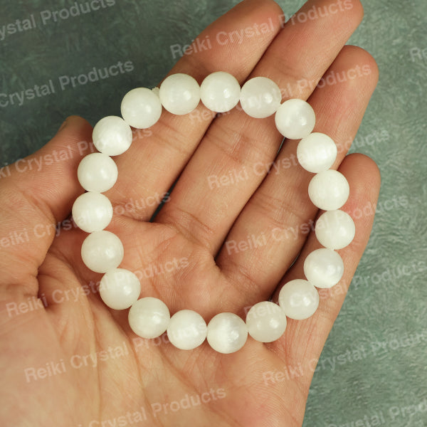 Natural Selenite 10 mm Round Bead Bracelet for Peace, Mental Clarity, Energy Cleansing & Spiritual Growth