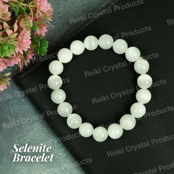 Natural Selenite 10mm Round Bead Bracelet for Peace, Mental Clarity, Energy Cleansing & Spiritual Growth