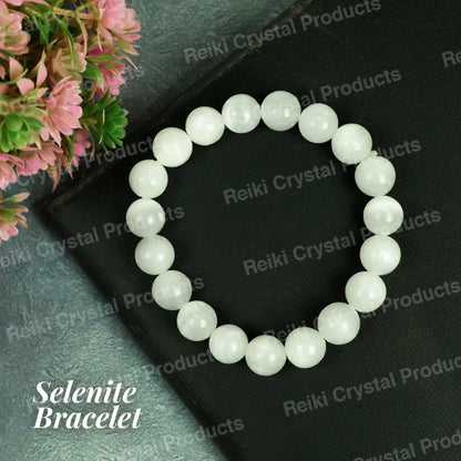 Natural Selenite 10mm Round Bead Bracelet for Peace, Mental Clarity, Energy Cleansing & Spiritual Growth