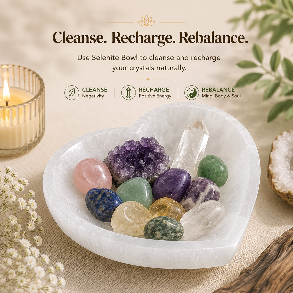 Natural Selenite Heart Shape Bowl for Crystal Cleansing, Energy Charging, Reiki, Meditation, Home Décor & Spiritual Healing | Crystal Charging Bowl | Available in 10 cm, 12 cm, 14 cm & 20 cm Sizes
