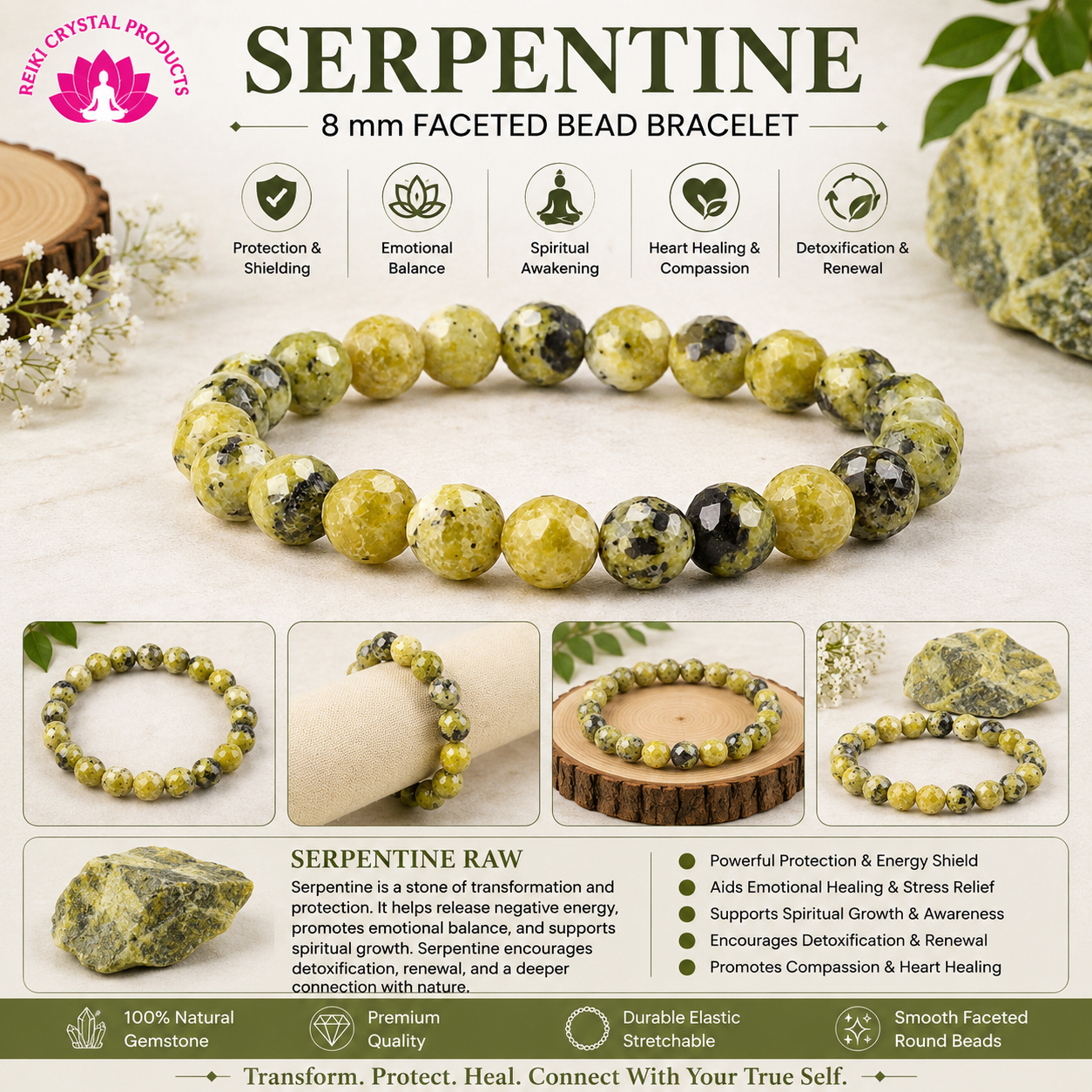 Natural Serpentine 8 mm Faceted Bead Bracelet for Protection, Healing, Emotional Balance & Spiritual Growth  Reiki Charged Gemstone Bracelet for Men & Women
