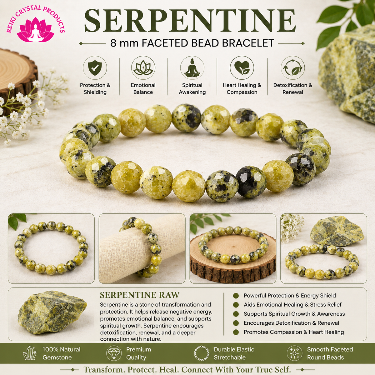 Natural Serpentine 8 mm Faceted Bead Bracelet for Protection, Healing, Emotional Balance & Spiritual Growth  Reiki Charged Gemstone Bracelet for Men & Women