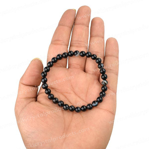 Natural Sulemani Hakik (Black Botswana Agate) 6 mm Round Bead Bracelet for Protection, Strength, Stability & Positive Energy