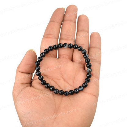 Natural Sulemani Hakik (Black Botswana Agate) 6 mm Round Bead Bracelet for Protection, Strength, Stability & Positive Energy
