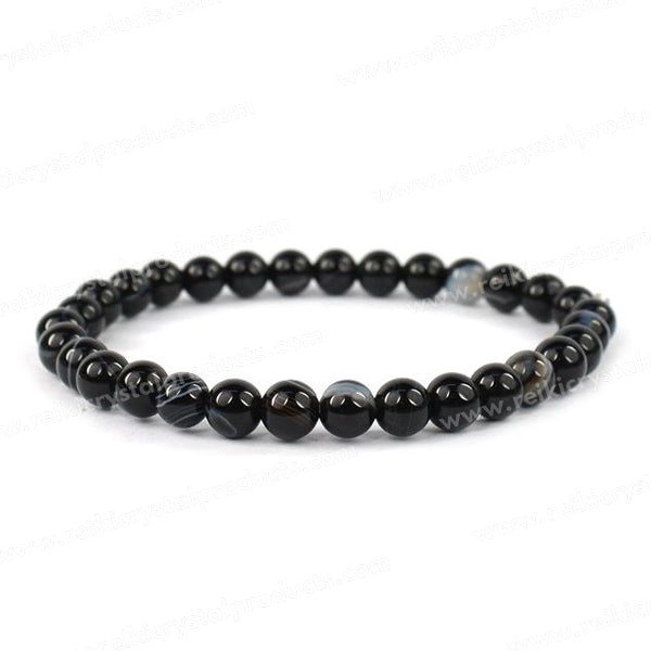 Natural Sulemani Hakik (Black Botswana Agate) 6 mm Round Bead Bracelet for Protection, Strength, Stability & Positive Energy | Reiki Charged Gemstone Bracelet for Men & Women