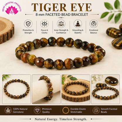 Natural Tiger Eye 8 mm Faceted Bead Bracelet for Confidence, Courage, Focus, Motivation & Positive Energy | Crystal Bracelet for Men & Women