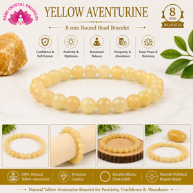 Natural Yellow Aventurine 8 mm Round Bead Bracelet for Confidence, Motivation, Focus, Success & Positive Energy  Crystal Bracelet for Men & Women
