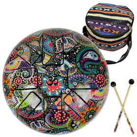 OM Mandala Art Tongue Happy (Hapi) Musical Drum 15 cm (6 Inch) for Meditation, Sound Healing, Yoga & Relaxation | Metal Tongue Drum with 2 Mallets, Carry Bag & Finger Picks