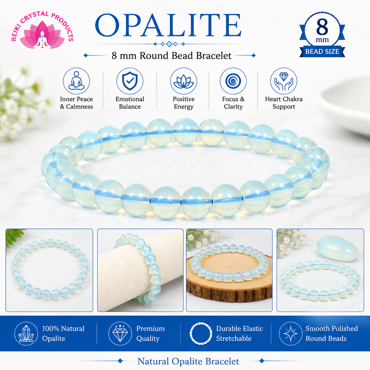 Opalite 8 mm Round Bead Bracelet for Calmness, Emotional Balance, Confidence & Positive Energy  Crystal Bracelet for Men & Women
