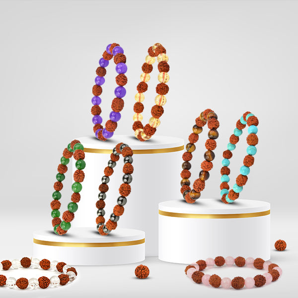 Original Rudraksha Combination Beads Bracelet | 8 mm Natural Gemstone Bracelet for Meditation, Focus, Balance, Protection & Spiritual Practices | Multiple Stone Variants